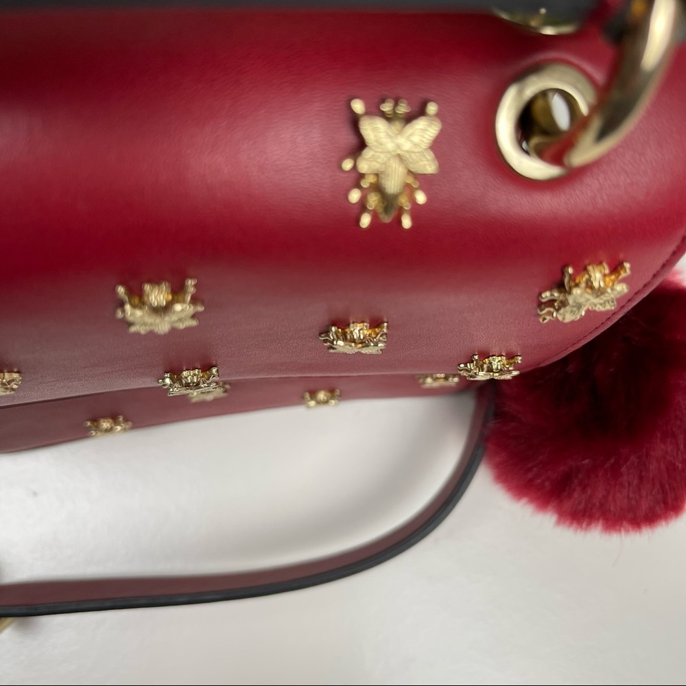 Zara Red Crossbody Bag with Gold Bee Studs and Pom Pom - Picture 4 of 12